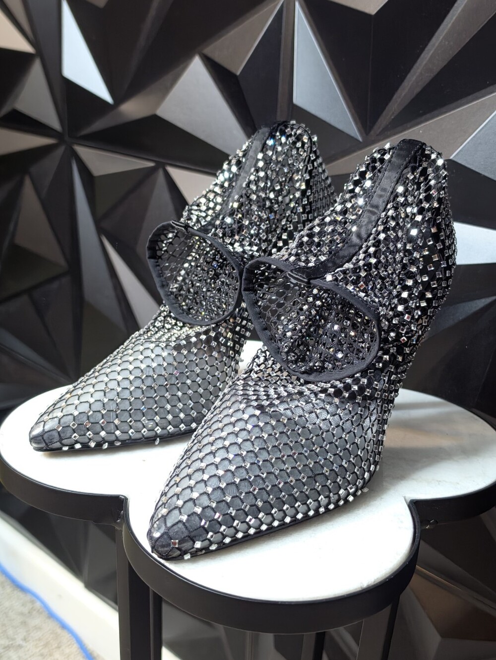 Crystal-Embellished Black Pointed Toe Heels